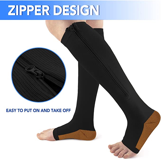 Zipper Compression Socks for Men & Women with Copper Toe Open Leg Support