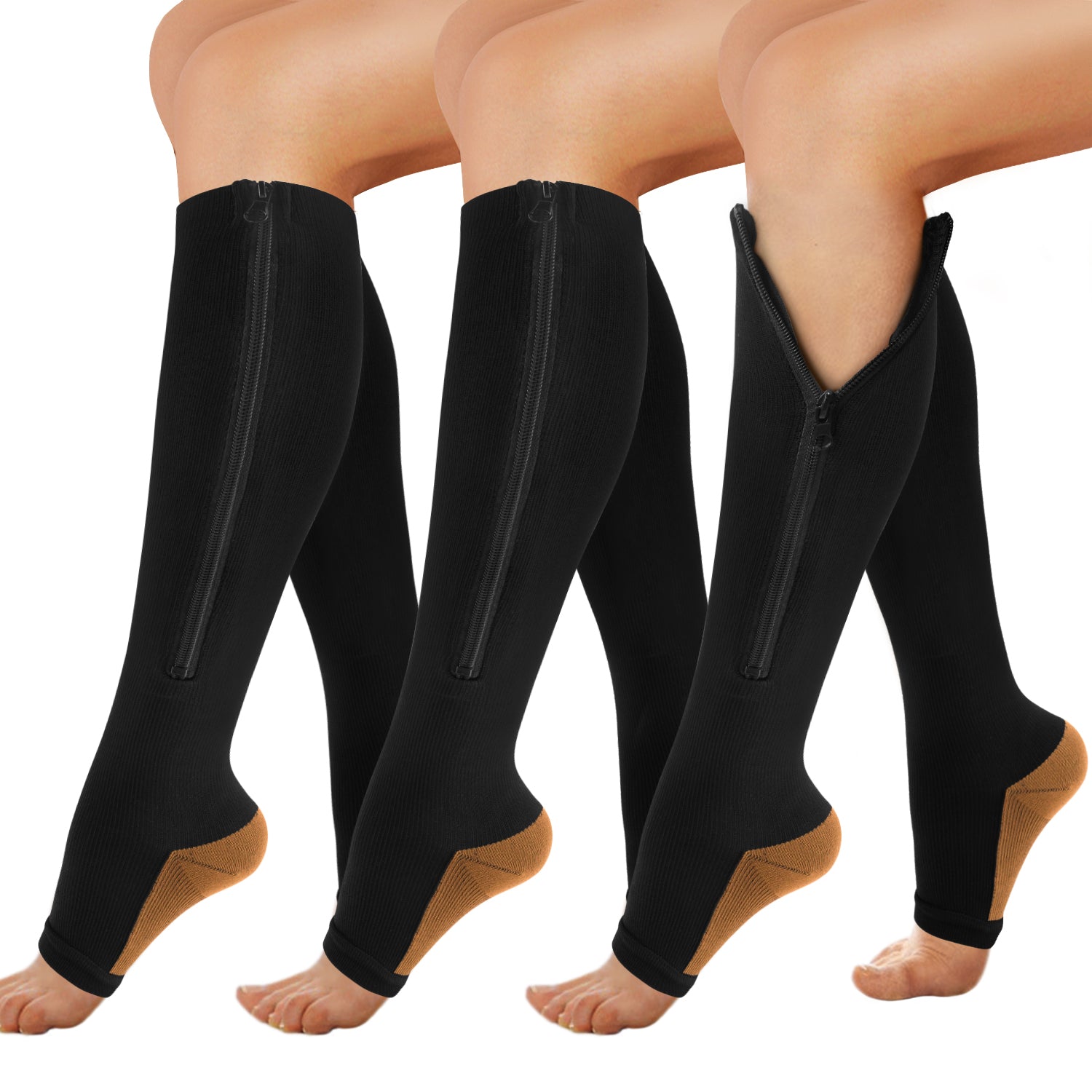 3-Pairs Copper Open-Toed Leg Stocking with Zipper（20-30mmHg） -Toeless –  ACTINPUT Compression Socks